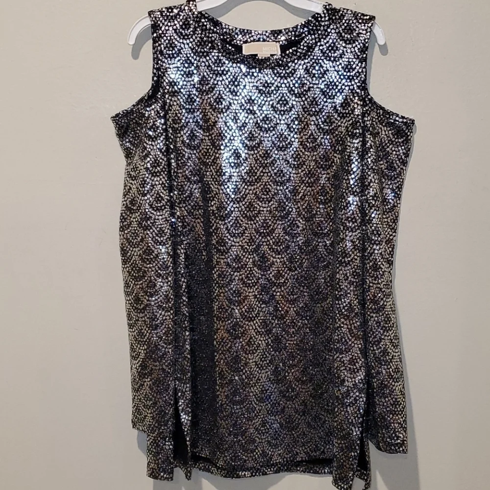 ❤ MICHAEL MICHAEL KORS LONG SLEEEVED COLD SHOULDER SHINY FISHSCALE PATTERN TOP